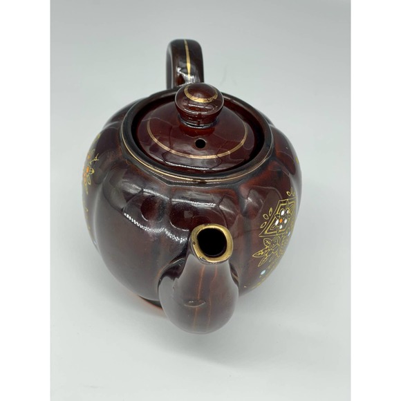 Vintage Moriage Redware Brown Betty Teapot w/ Lid Hand Painted Gold Trim Japan* - Picture 16 of 16
